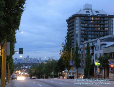 An evening view of Hastings Street west towards Downtown Vancouver