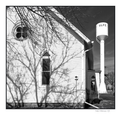Church and water tower, Opie, KS
