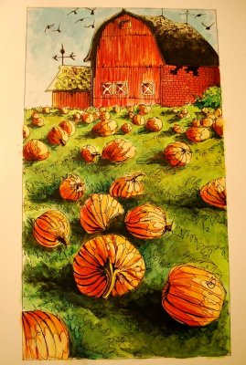 Pumpkin Farm, Watercolor And Ink