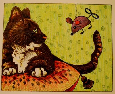 Cat And Toy Mouse, Colored Pencil