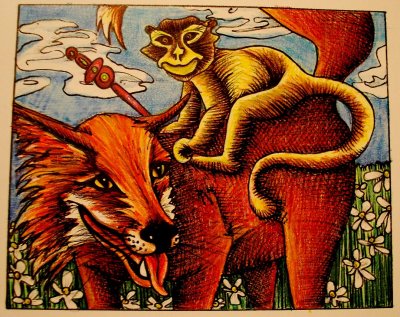 Fox And Monkey Rider, Colored Pencil