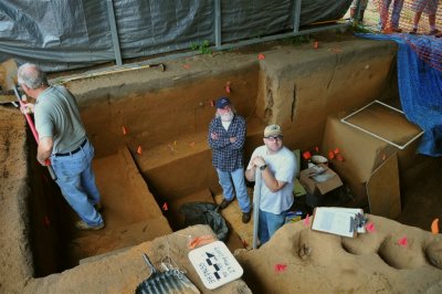 Archaeologist Larry Kimball with Appalachian State, visits the dig. Volunteer, Mike Bramlett on the right.