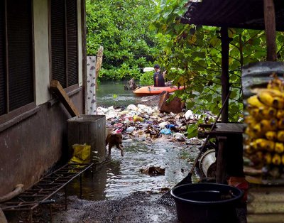 Ocean level that has risen above the foundation of a local home. Floating garbage. L1008109.jpg