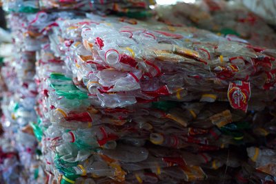 Crushed plastic bottles to be shipped off for recycling. L1009825.jpg