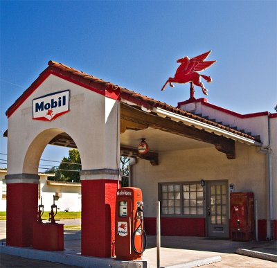 The station archway, gas pumps and entrance