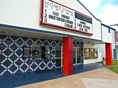 A closeup of the theater entrance