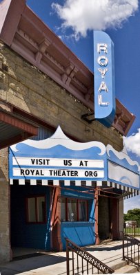 A closeup of the theater sign and marquee.