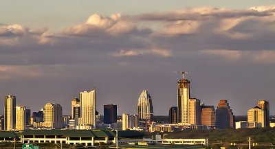 The Austin, TX skyline at  sunset from West of the City