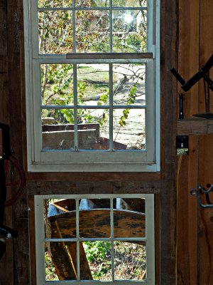 A partial view of the waterwheel from inside the mill