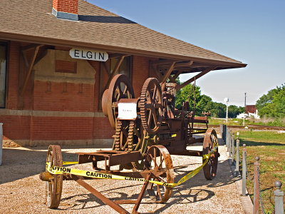 The station with old train equipment.