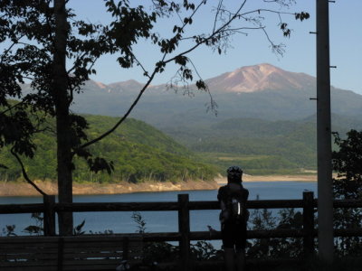 Roadside break with Asahidake Mountain looming.