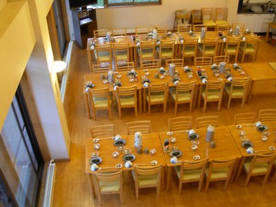 Dining room in the Youth Hostel is set for dinner.