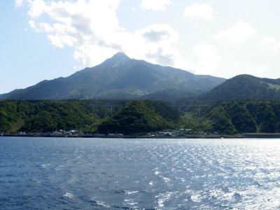 Rishirifuji Mountain looms as we approach the island.
