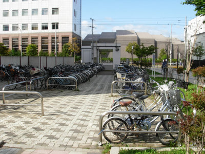 Bike parking outside our youth hostel in Sapporo.