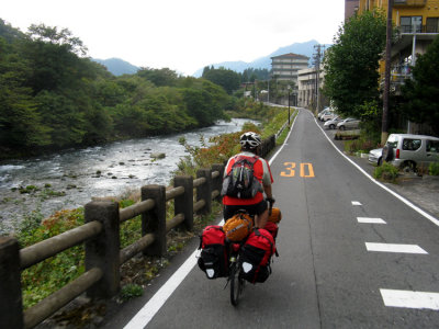 Riding through town looking for the ryokan (hotel).