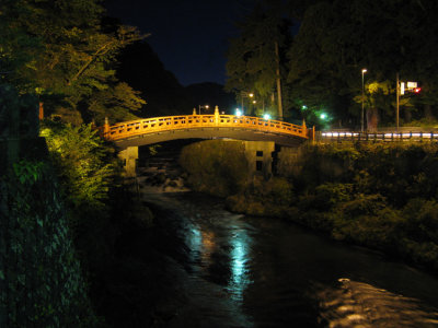 The Sacred Bridge in Nikko at night.