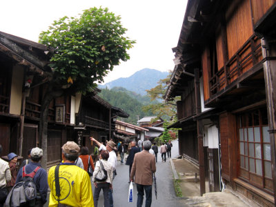 Town of Tsumago at the trail's end. Again, there are many tourist walking about.