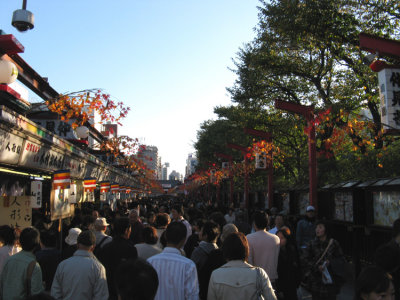 Old Nakamise Street, lined with shops and restaurants, leads to the Sensoji Temple.
