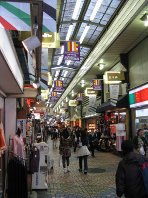 Shin-Nakamise Street is a covered shopping arcade lined by shops and restaurants.