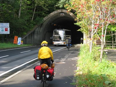 Geno approaching a dreaded tunnel. Riding a tunnel is still better than climbing a mountain.