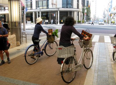 Two friends shop by bike.