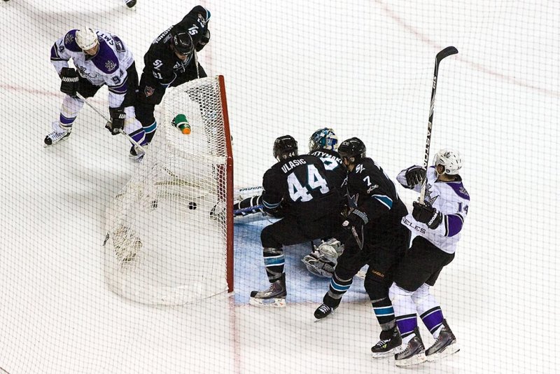 Goal by Ryan Smyth before Marc Edouard Vlasic pulled the puck out of the net to continue the play