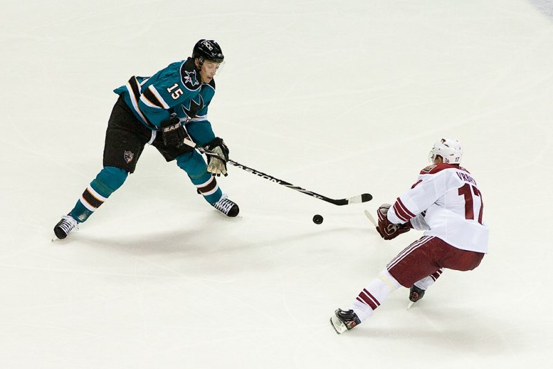 Dany Heatley and Radim Vrbata fighting for the puck