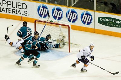 Dan Boyle pushes Zack Stortini into Antero Niittymaki to cause the Oilers to get a goaltender interference penalty