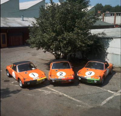 The three Porsche 914-6 GT race cars just prior to the Marathon de la Route race in 1970