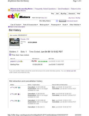1970 Porsche-914-6 sn 914.043.0594 eBay Bid History $24,500 Jun 4, 2008 - Page 1