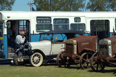 One retired Sydney bus, one A-model Ford, two ancient International trucks