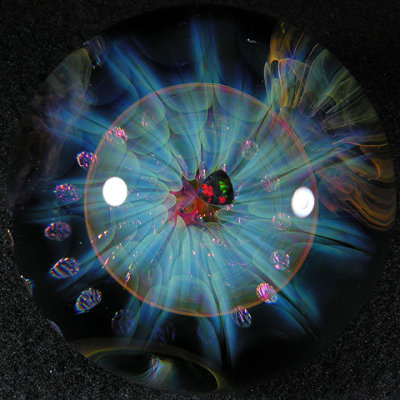 It literally has it all - sweet dichro, several fumed murrini, gold-fumed vortex, silver fumed honeycomb, opal on top!
