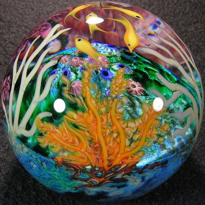 Made in 2004, this is an incredibly beautiful example of Cathy's large Coral Reef marbles.