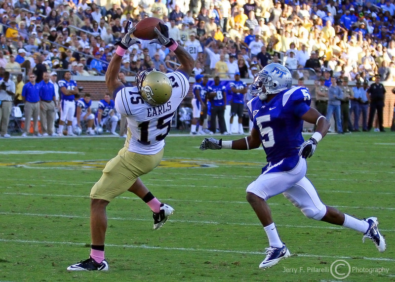 Georgia Tech WR Correy Earls attempts to make a difficult catch with MTS CB Arness Ikner defending