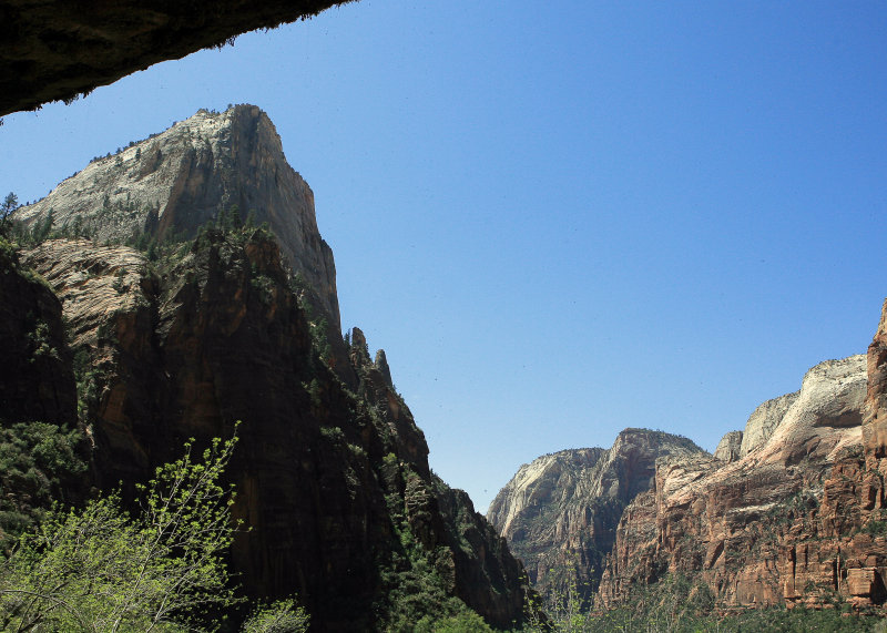 Looking toward The Great White Throne (left) through water dripping from Weeping Rock
