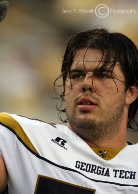 Jackets OL A.J. Smith salutes the Tech fans in the north end zone after the game