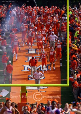 Clemson Tigers run down the hill into Death Valley  Clemson Memorial Stadium