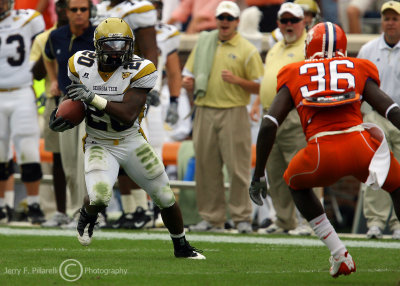 Tech A-back Roddy Jones makes a move in the open field freezing Clemson CB Byron Maxwell in his tracks