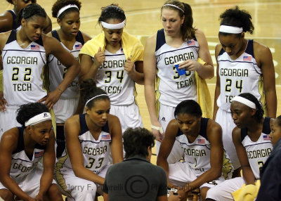 Yellow Jackets get instructions during a timeout