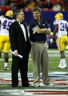 Georgia Tech Yellow Jackets Head Coach Paul Johnson talks with NFL Hall of Fame QB Bob Griese before the game