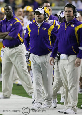 Louisiana State University Tigers Head Coach Les Miles on the sidelines