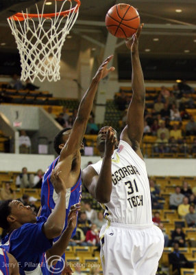 Georgia Tech F Lawal shoots a touch hook shot from in front of the basket