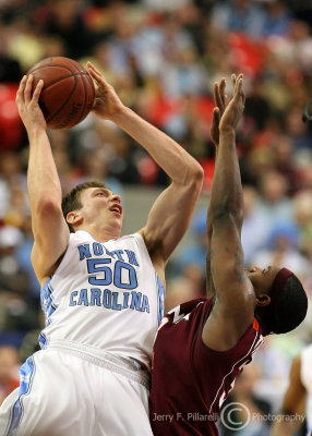 Carolina F Tyler Hansbrough leans back from under the basket to get a shot over Tech F J.T. Thompson