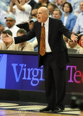 Virginia Tech Hokies Head Coach Seth Greenberg disputes a call