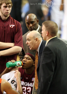 Virginia Tech Head Coach Seth Greenberg addresses his team during a thirty second timeout