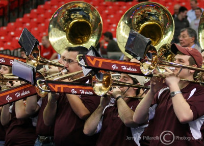 Virginia Tech Hokies Band plays during a break in the action