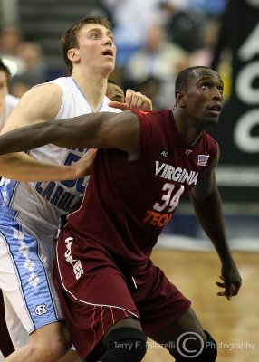 Hokies C Cheick Diakite boxes out Heels F Hansbrough in anticipation of a rebound