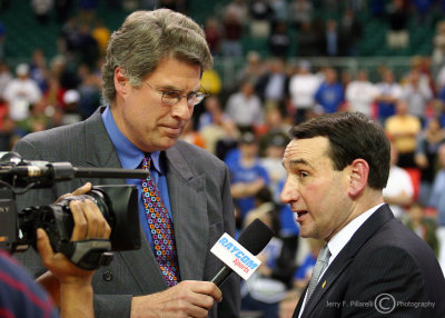 Duke Blue Devils Head Coach Mike Krzyzewski is interviewed by former Duke player and Raycom correspondent Mike Gminski