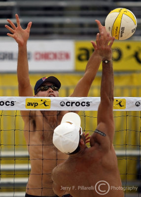Phil Dalhausser gets up above the net for the block