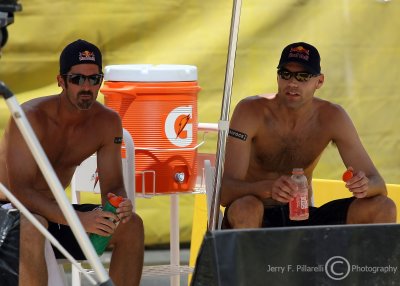 Olympic Gold Medalists Todd Rogers and Phil Dalhausser take a break between sets
